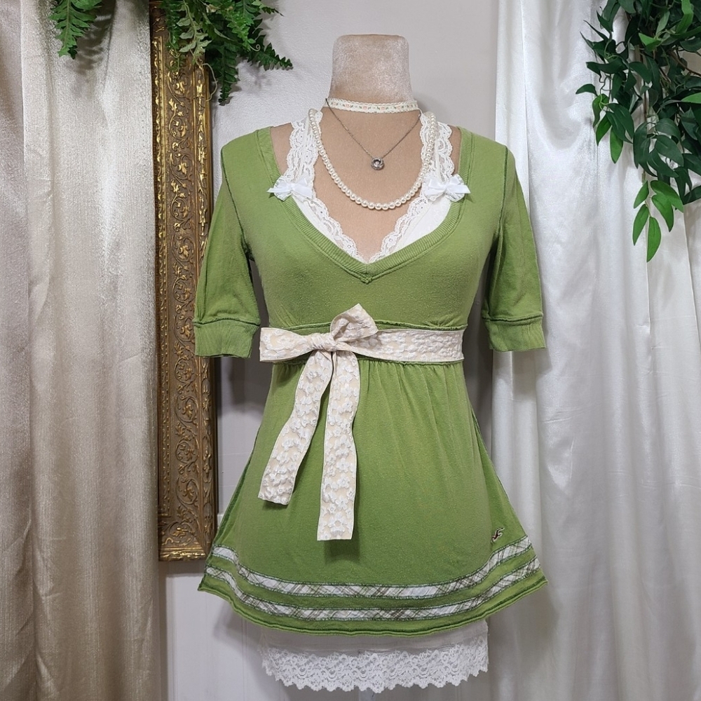 ♡ Y2K ♡ Hollister Green Waist Tie Babydoll Pink Plaid Accent Trim